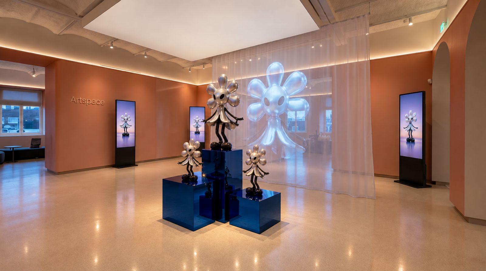 Gallery Lounge: chrome flower figures on blue plinths, with the same figure shown on screens around the room
