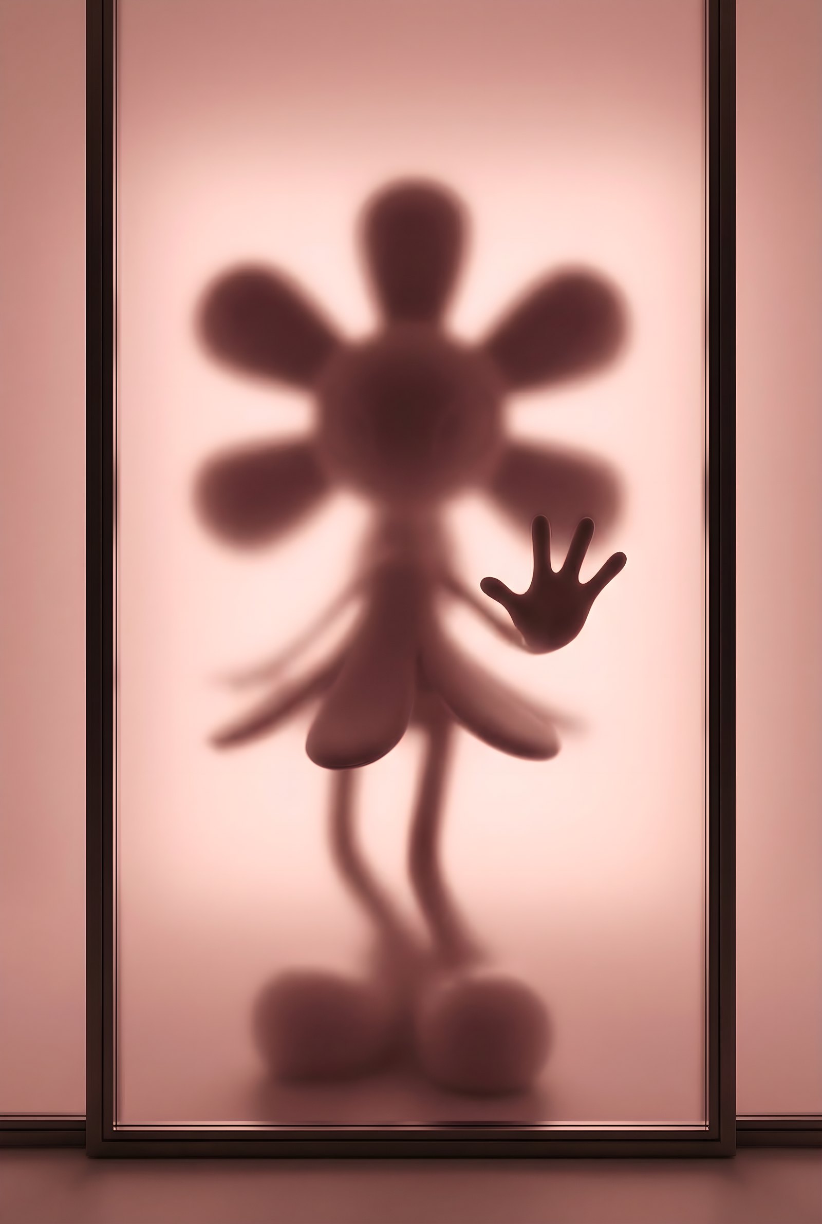 The silhouette of Ghost behind frosted glass, one hand pressed against it